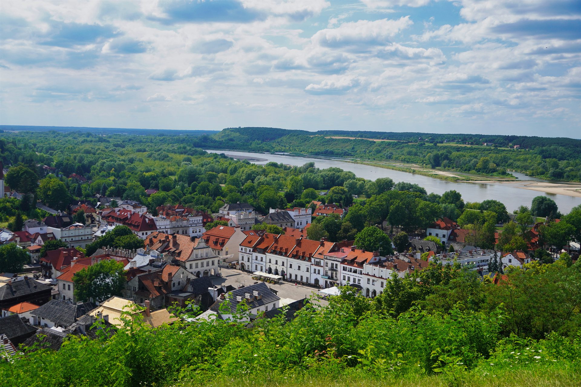 Stare miasto z ceglanymi dachami nad zakolem rzeki otoczone zielonymi lasami i łąkami