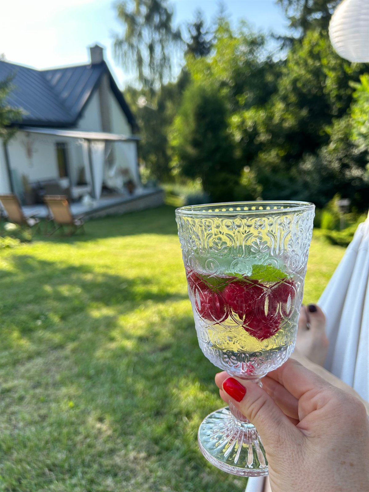 Szklanka z zdobionego szkła z malinami i listkiem mięty trzymana nad trawnikiem przy willi
